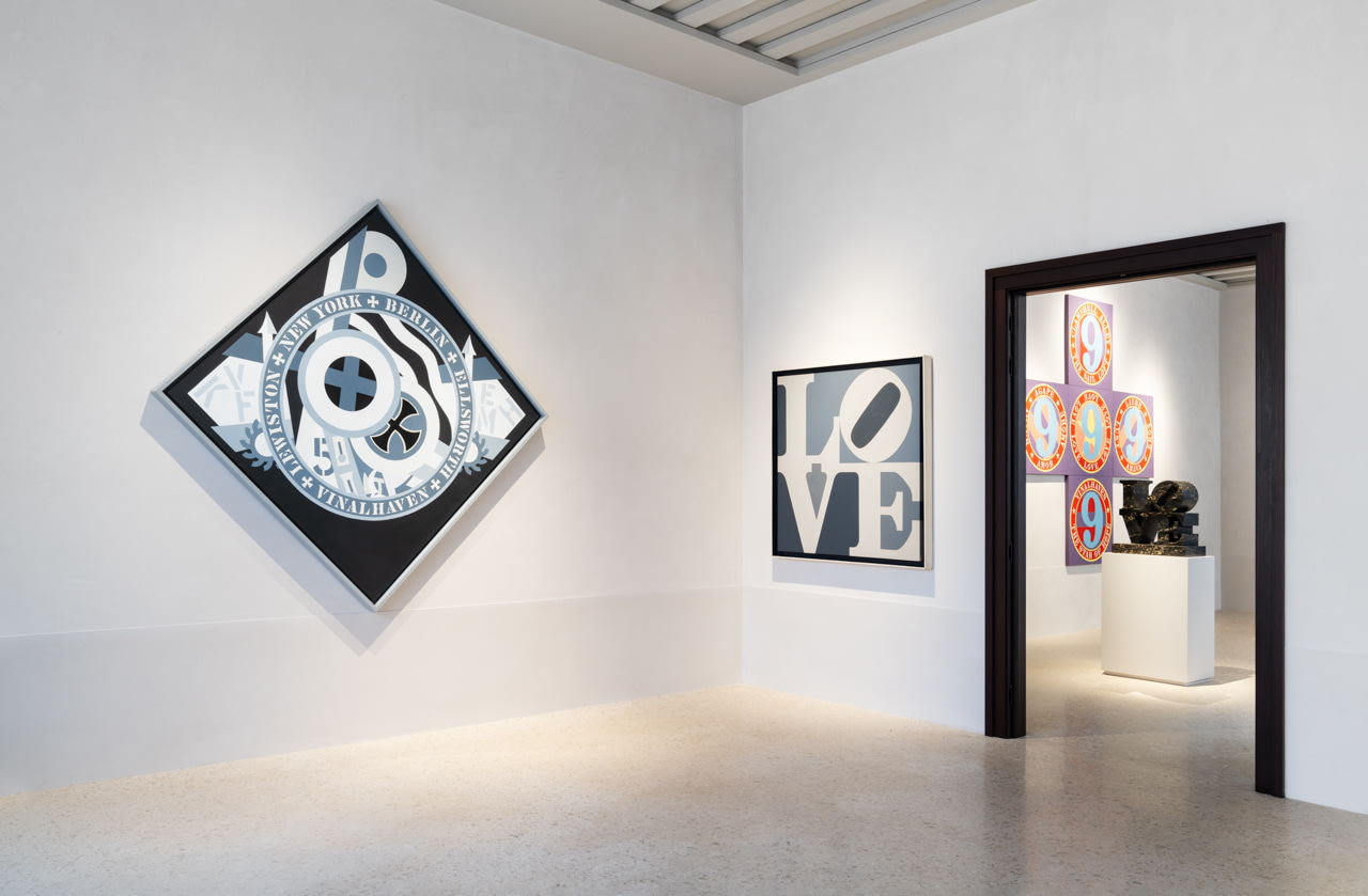 Installation view of Robert Indiana: The Sweet Mystery, at Procuratie Vecchie, Venice, April 20&amp;ndash;November 24, 2024. Left to right,&amp;nbsp;KvF XI (Hartley Elegy) (1989&amp;ndash;94), LOVE (1966), The Ninth Love Cross (2001), and LOVE (1966&amp;ndash;2006).&amp;nbsp;Photo: Marco Cappelletti