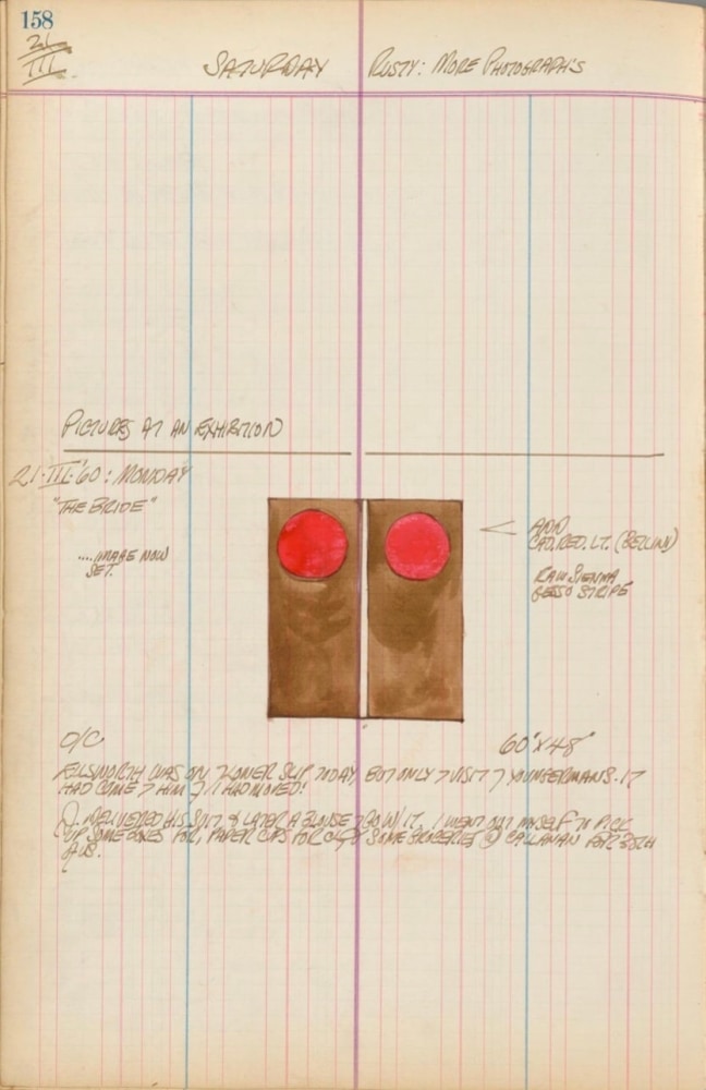 Journal page for March 21, 1959 and March 21, 1960, with a color sketch of the painting The Bride, and early state of In Praise of Dead Generals