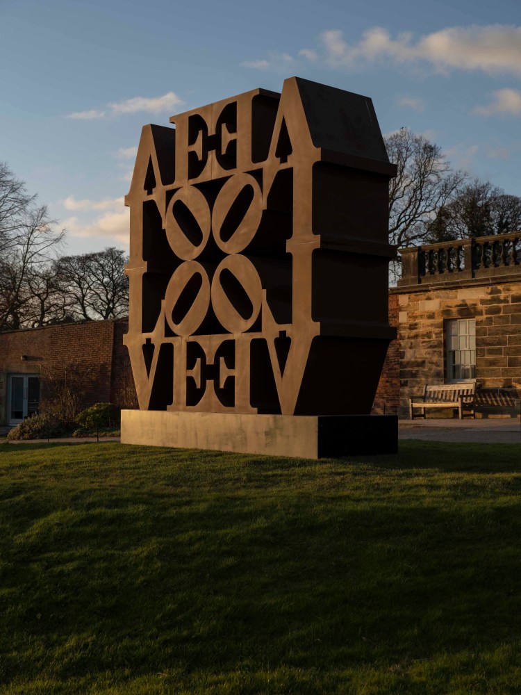 Robert Indiana's monumental Cor-Ten LOVE Wall sculpture on view at the Yorkshire Sculpture Park, 2022