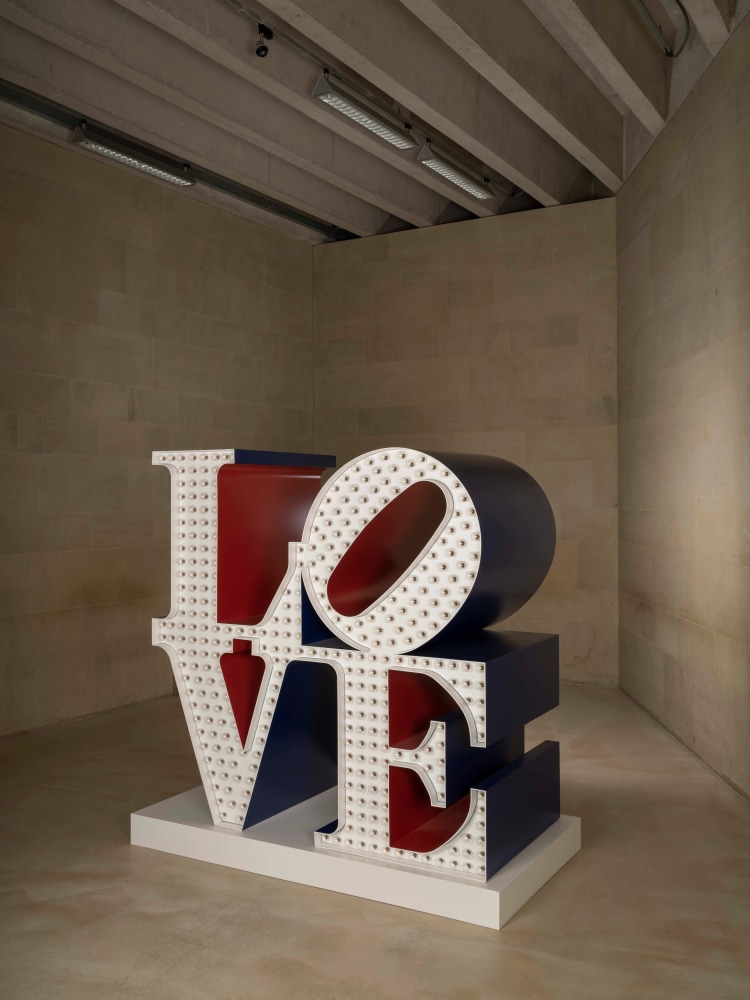 Robert Indiana's red blue and white The Electric LOVE, 1966-2000, installation view at Yorkshire Sculpture Park, 2022