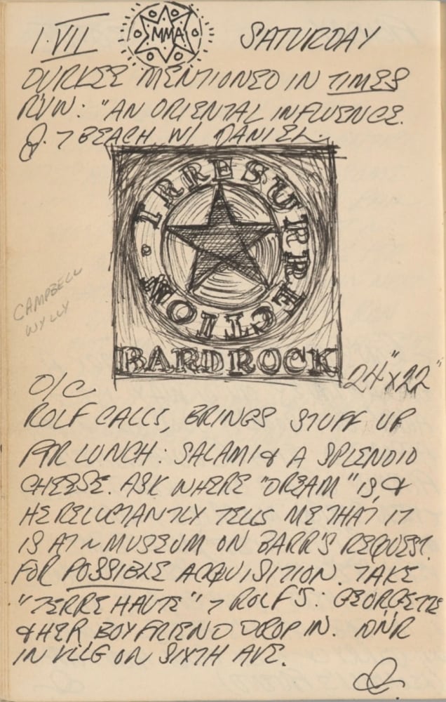 Journal page for July 1, 1961 with a black and white sketch of the painting Bardrock