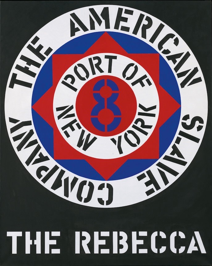 The Rebecca, a painting with a black ground and its title painted in white stenciled letters across the bottom of the canvas. Above the text is a large circle, at the center of which is a blue eight within a white ring with a the black text &quot;Port of New York,&quot; within a red compass rose within a blue circle. Surrounding this is another white ring, containing the text, in black, &quot;The American Slave Company.&quot;