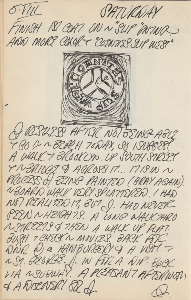 Journal page for August 5, 1961, with a sketch of the painting Coenties Slip West