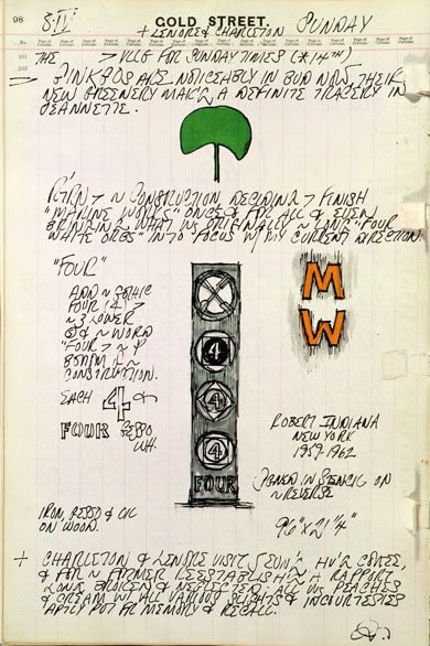Journal page for April 8, 1962 with a sketch of the sculpture Four, a sketch of a green ginkgo leaf, and the letters M and W in orange