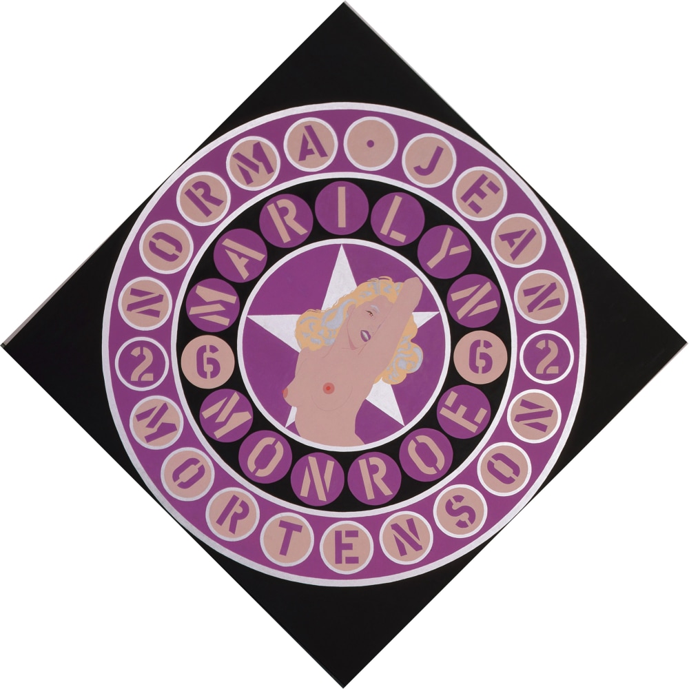 A diamond shaped painting with a black ground and an image of Marilyn Monroe in the center, in a circle, surrounded by two rings of purple text
