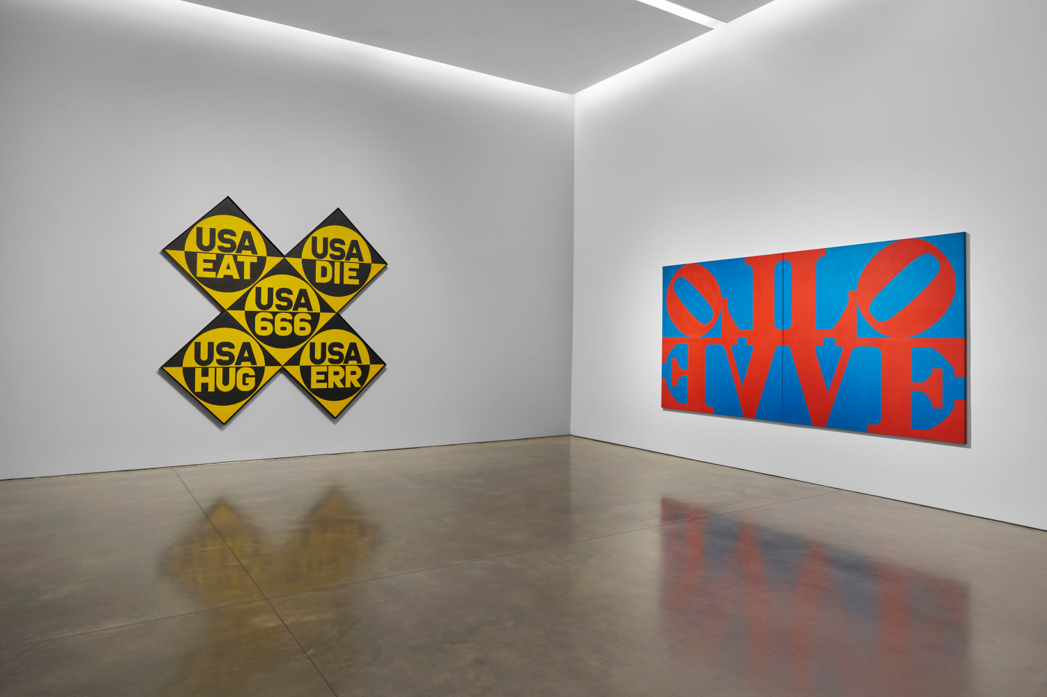 Installation view of Robert Indiana: The American Dream, Pace Gallery, New York, May 9&amp;ndash;August 15, 2025. Left to right,&amp;nbsp;USA 666 (The Sixth American Dream) (1964&amp;ndash;66) and The Imperial LOVE (1966)