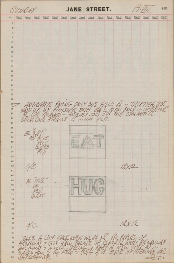 Journal page for August 19, 1962, with pencil sketches of two square paintings