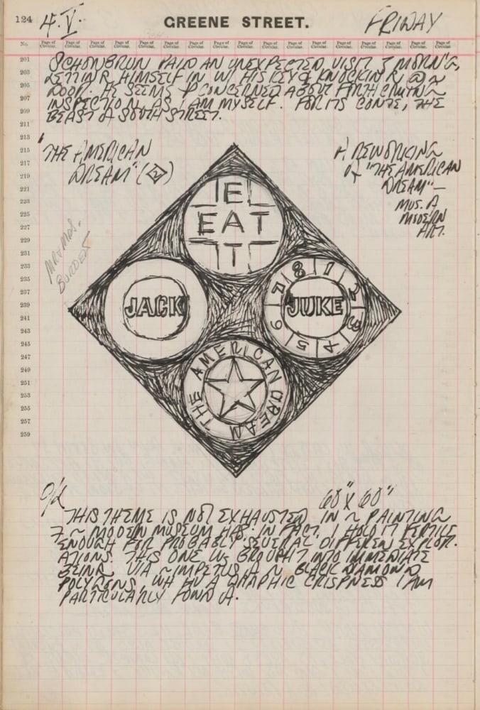 Journal page for May 4, 1962, with a black and white sketch of an early state of the painting The Black Diamond American Dream #2