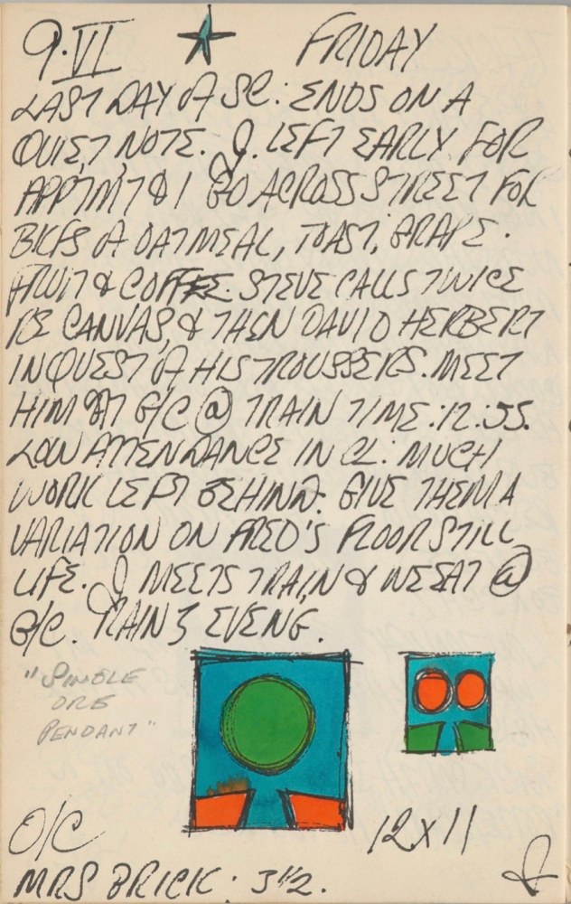 Journal page for June 9, 1961, with color sketches of two panels from the triptych Ra