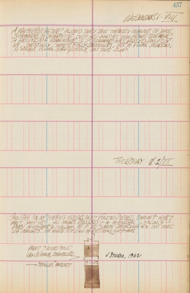Journal page for August 31–September 1, 1960 with a color sketch of the sculpture Hole