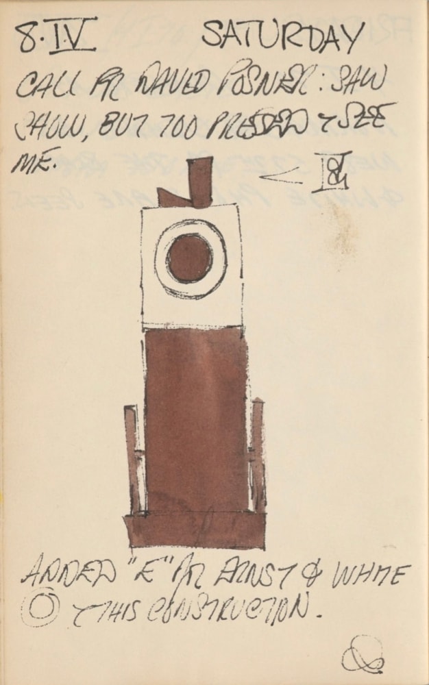 Journal page for April 8, 1961, with a color sketch of the sculpture Brow