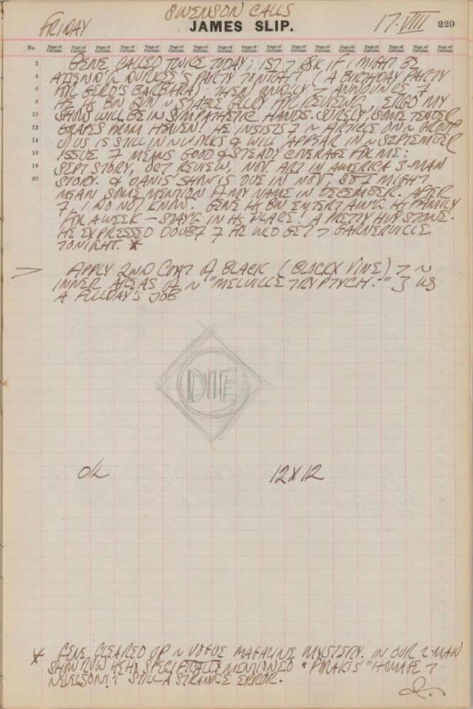 Journal page for August 17, 1962, with a small sketch of a diamond painting with a circle containing the work's title, DIE