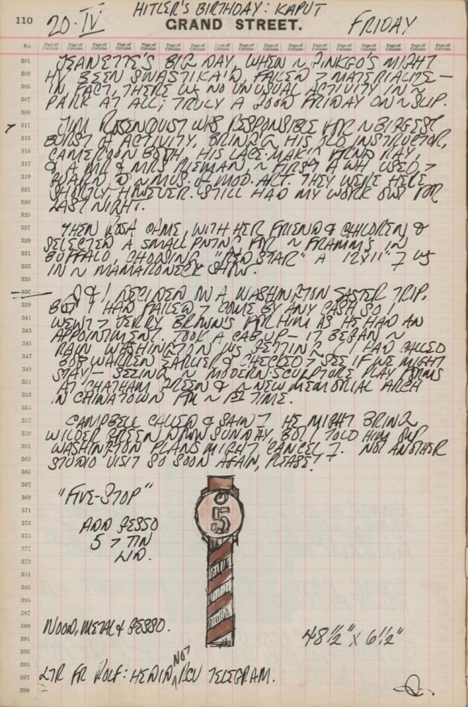 Journal page for April 20, 1962, with a color sketch of the sculpture Five-Stop