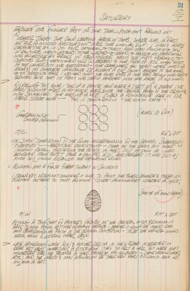 Journal page for January 10, 1959, with a sketch of the nine orbs from the painting Nine Golden Orbs and an egg like shape from an unknown work