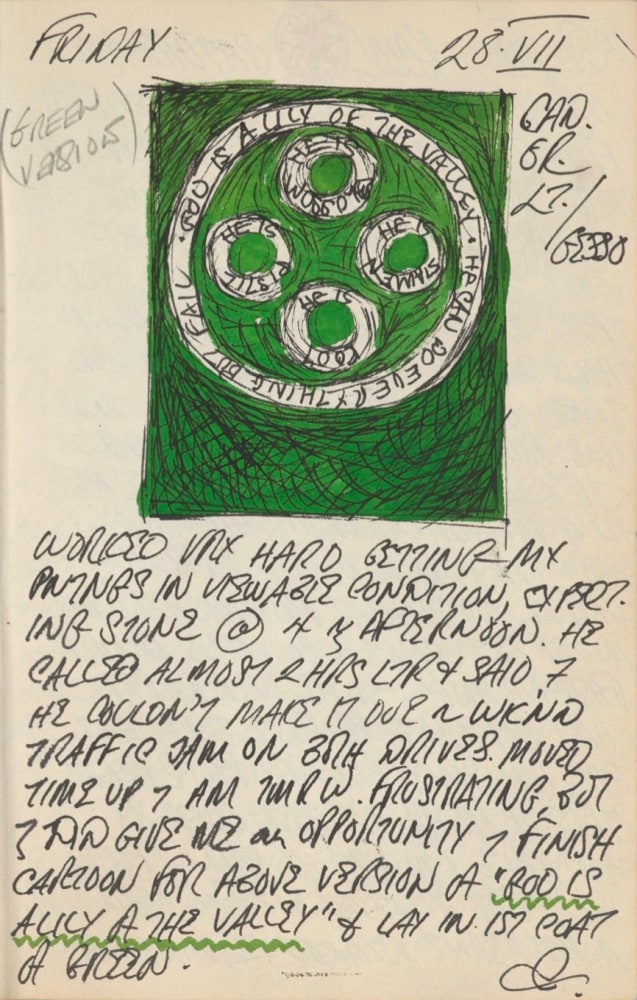 Journal page for July 29, 1961, with a sketch of the green God Is a Lily of the Valley painting