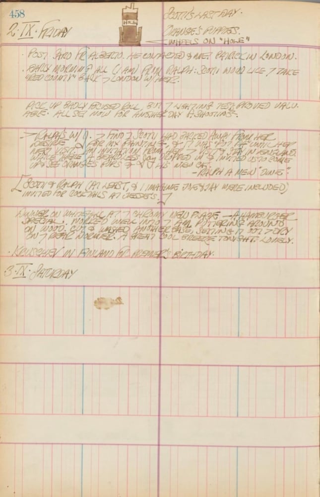 Journal page for September 2-3, 1960 with a small sketch of the sculpture Hole at the top of the page