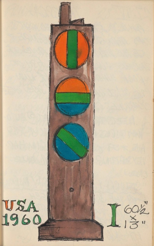 Page from Indiana's journal entry for April 26, 1961, with a color sketch of the sculpture Bar
