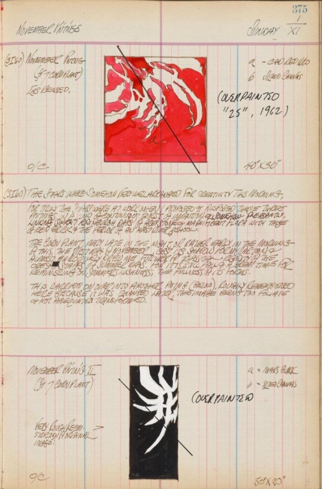 Journal page for November 1, 1959 with color sketches of two abstract paintings, one red and white and one black and white