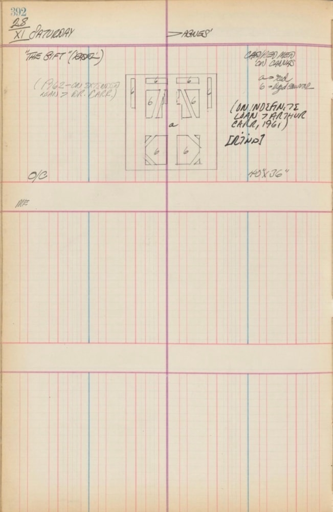 Journal page for November 28, 1959, with a black and white sketch of the painting The Gift, with letters indicating the placement of the different colors