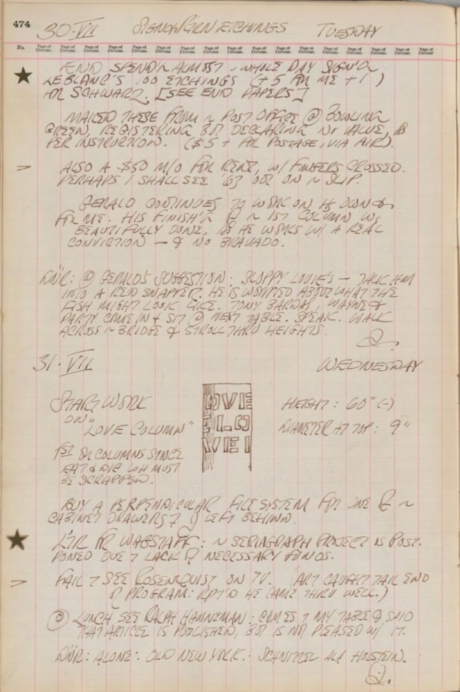 Journal page for July 30-31, 1963, with a sketch of a detail of Column Love