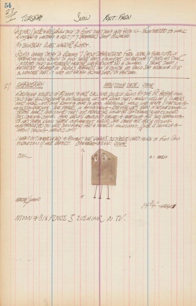 Journal page for January 27, 1959, and January 27, 1960, with a sketch of the sculpture Owl