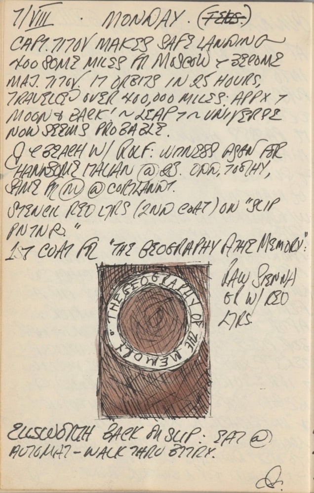 Journal page for August 7, 1961, with a color sketch of the painting Columbus: The Geography of the Memory