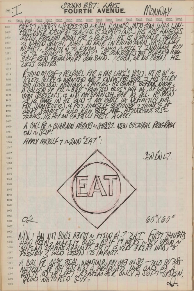 Journal page for January 22, 1962, with a black and white sketch of the panel The Green Diamond Eat
