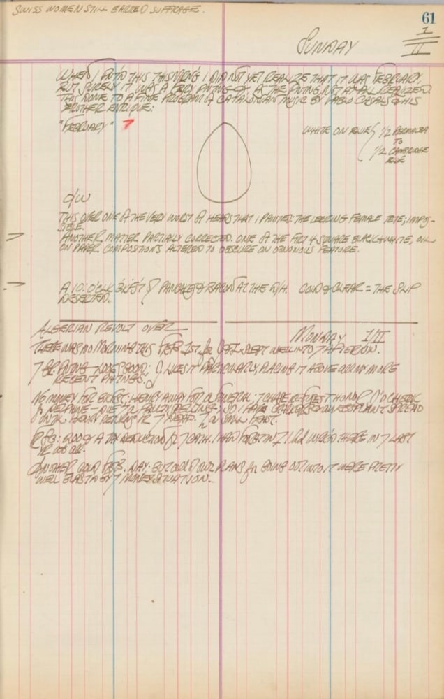 Journal page for February 1, 1959, and February 1, 1960 with a sketch of an egg shape figure
