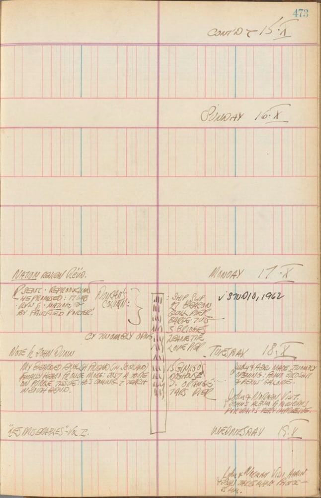 Journal page for October 15-19, 1960 with a small rough sketch of the sculpture Duncan's Column