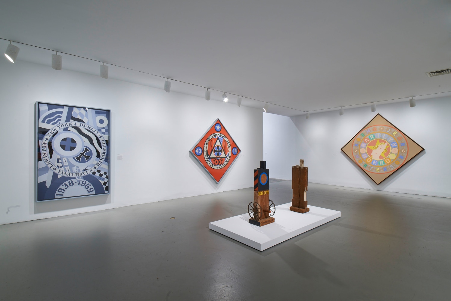 Installation view of Robert Indiana: Beyond LOVE, Whitney Museum of American Art, New York, September 26, 2013&amp;ndash;January 5, 2014. Left to right, KvF IV (Hartley Elegy) (1989&amp;ndash;94), KvF X (Hartley Elegy) (1989&amp;ndash;94), Brow (1960&amp;ndash;62), M (1960), and The Metamporhosis of Norma Jean Mortenson (1967). Photo: Tom Powel Imaging