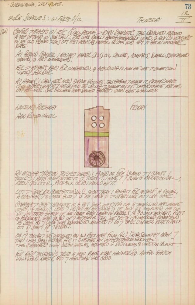 Journal page for February 12, 1959, and February 12, 1960, with a color sketch of the sculpture Pair