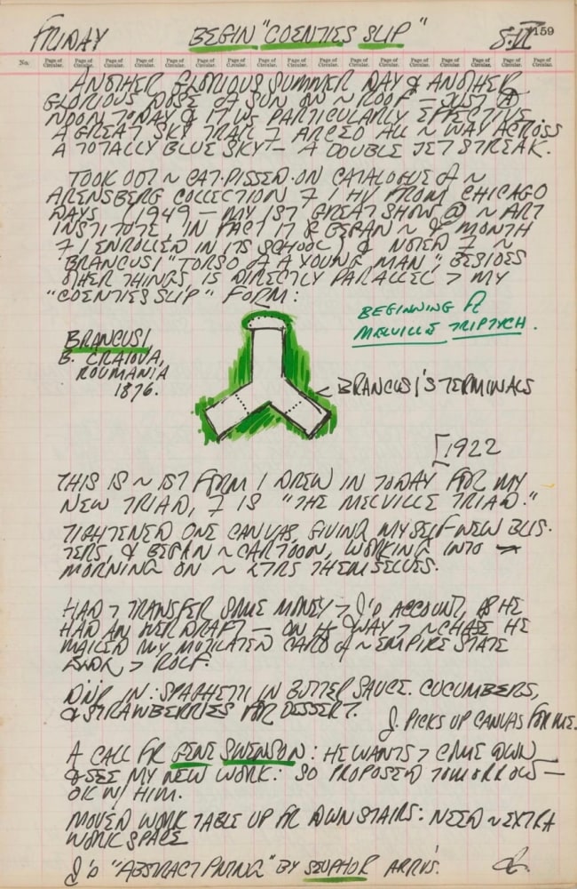 Journal page for June 8, 1962, with a small sketch of Brancusi's sculpture Torso of a Young Man