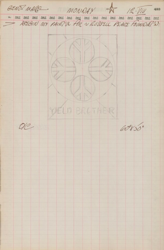 Journal page for August 12, 1963 with a pencil sketch of the painting Yield Brother