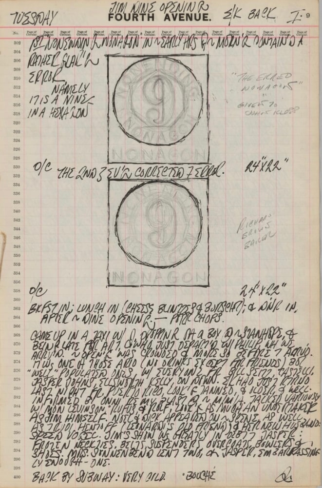 Journal page for January 9, 1962, with black and white sketches of the paintings Polygon: Nonagon and The Erred Nonagon
