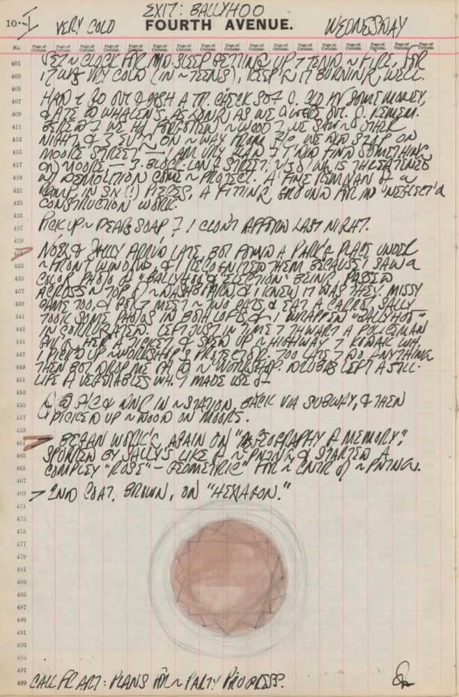 Journal page for January 10, 1962, with a color sketch of a detail from the painting Columbus: The Geography of the Memory