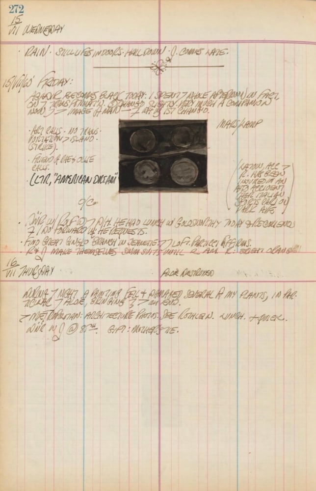 Journal page for July 15–16, 1959, and July 15, 1960 with a sketch of detail of an early version of the painting The American Dream, I