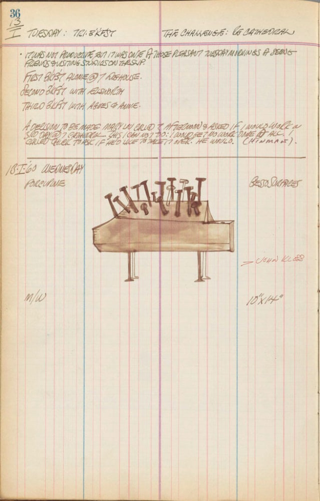 Journal page for January 13, 1959 and January 13, 1960 with a sketch of the sculpture Porcupine