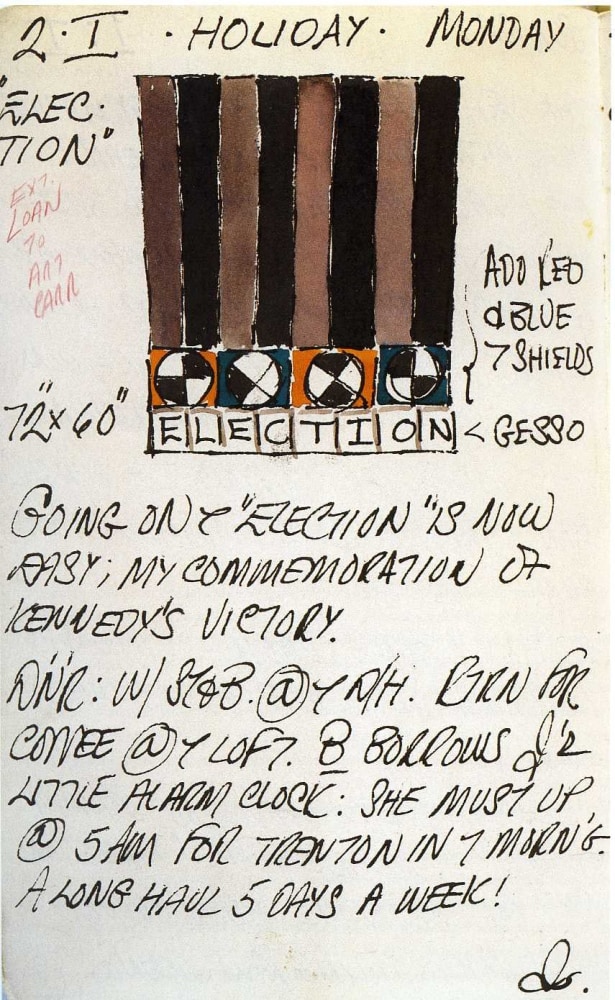 Journal page for January 2, 1961 with color sketch of the painting Election