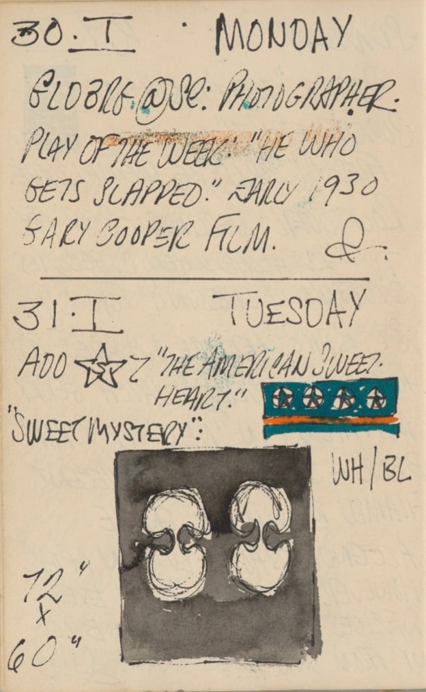 Journal page for January 30-31, 1961, with a color sketch of a detail of the painting The American Sweetheart, and a rough black and white sketch of the painting The Sweet Mystery