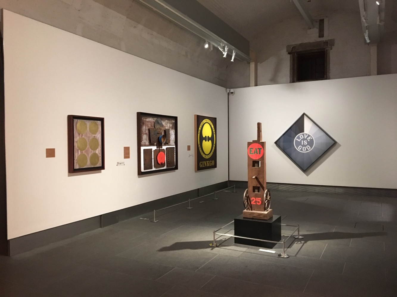 Installation view of Love Long: Robert Indiana and Asia, Asia Society, Hong Kong, February 7&amp;ndash;July 15, 2018. Left to right, Sixth State (1959/2001), Wall of China (1960&amp;ndash;61), Ginkgo (2000), Eat (1962, cast 1991), and Love Is God (1964)