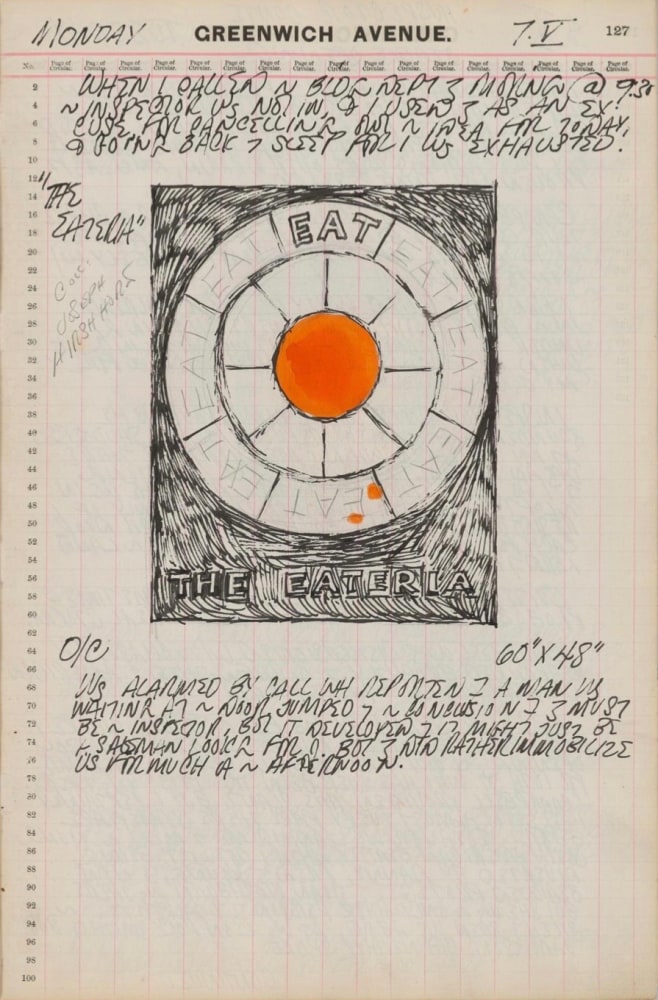 Journal page for May 7, 1962, with a color sketch of an early state of the painting The Eateria
