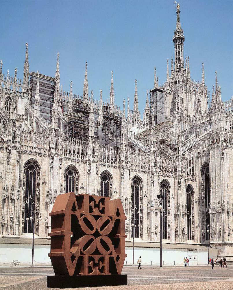 Cor-Ten LOVE Wall on display in Milan as part of the exhibition Robert Indiana a Milano, 2008