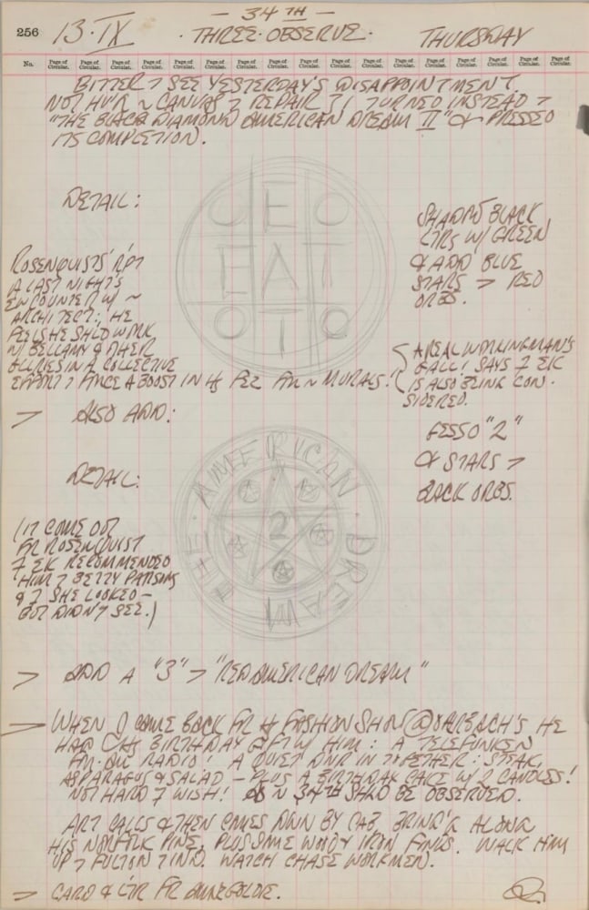 Journal page for September 13, 1962, with pencil sketches of two circles from the painting The Black Diamond American Dream #2