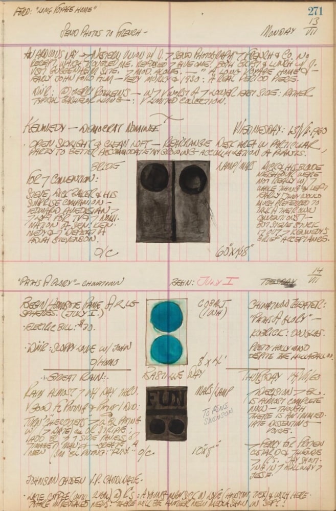 Journal page for July 13–14, 1959, and July 13–14, 1960 with sketches of three paintings: The Bride, an early state of In Praise of Dead Generals, an untitled white panel with two cobalt blue circles, and Fun.