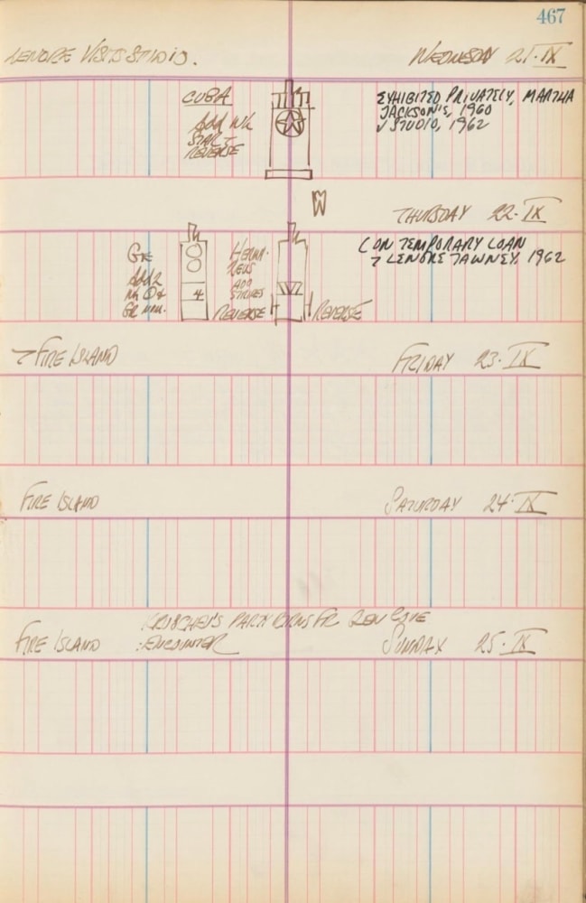 Journal page for September 21–25, 1960 with small black and white sketches of three sculptures: Cuba, Ge, and Zig