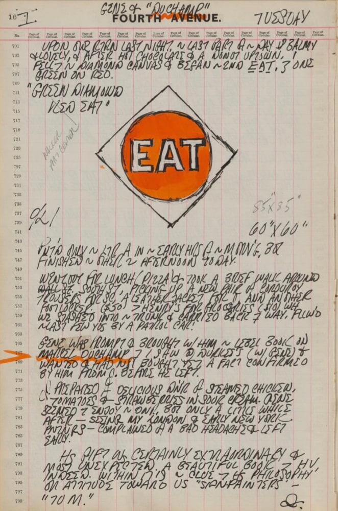 Journal page for January 16, 1962, with a color sketch of The Green Diamond Eat panel from the diptych The Green Diamond Eat/The Red Diamond Die