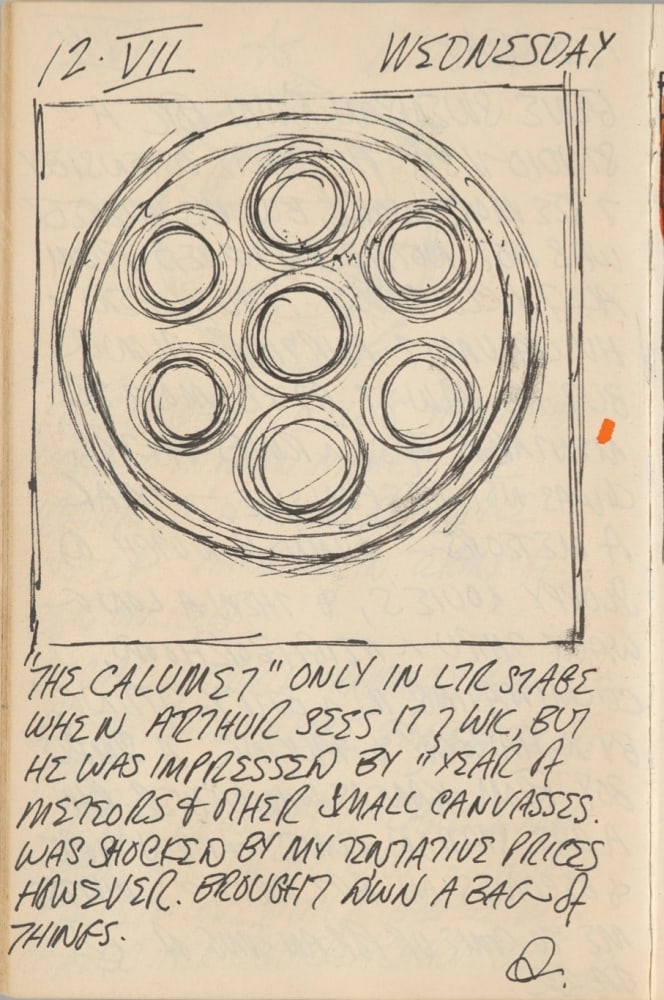 Journal page for July 12, 1961, with a black and white sketch of an early state of the painting The Calumet
