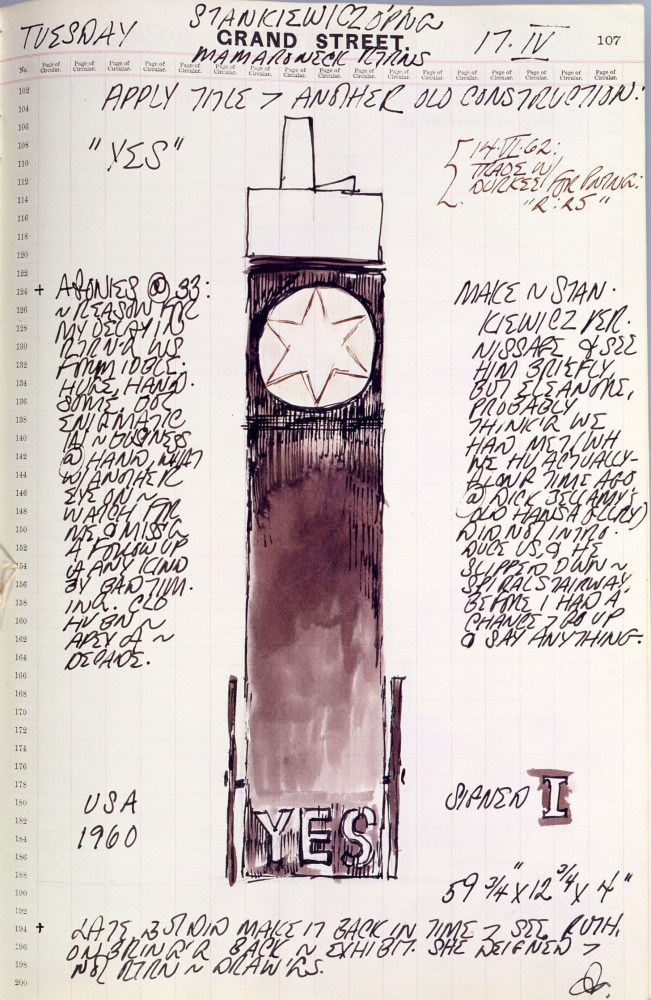 Journal page for April 17, 1962 with a color sketch of the sculpture Yes