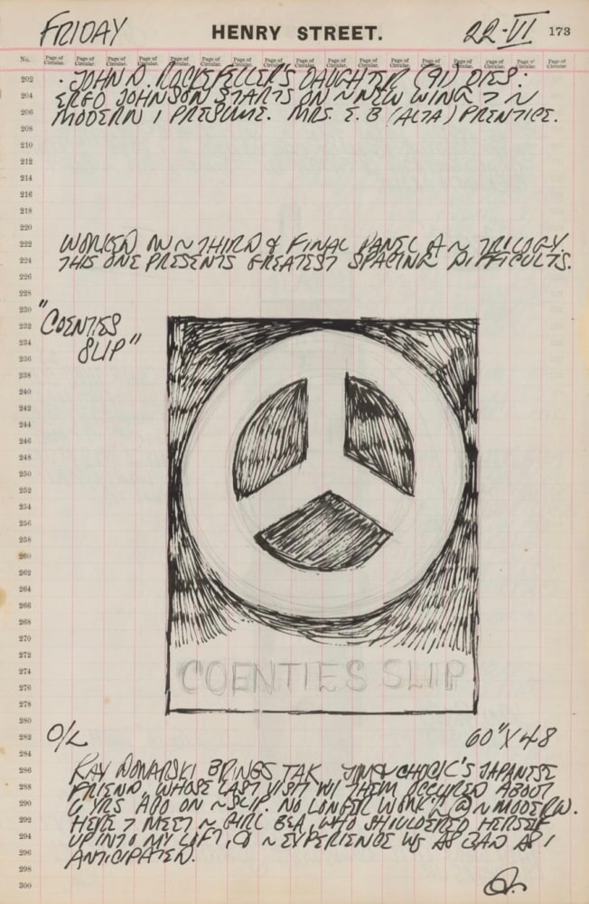Journal page for June 22, 1962, with a black and white sketch of an early state of the Coenties Slip panel from The Melville Triptych