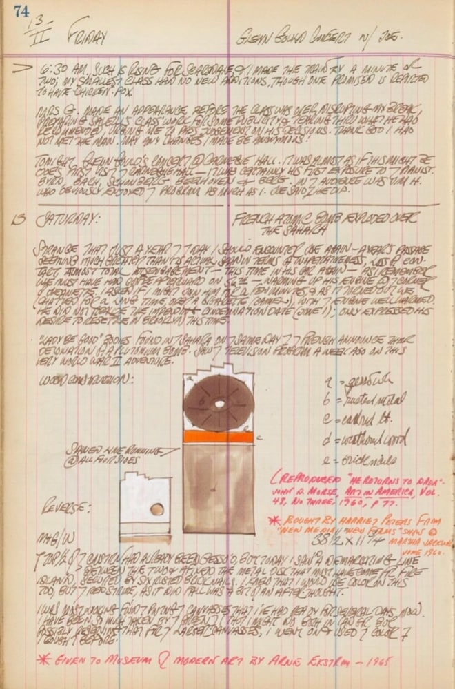 Journal page for February 13 1959 and 1960 with a color sketch of the sculpture French Atomic Bomb